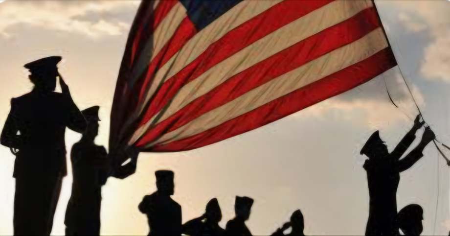 Silhouettes of soldiers with flags